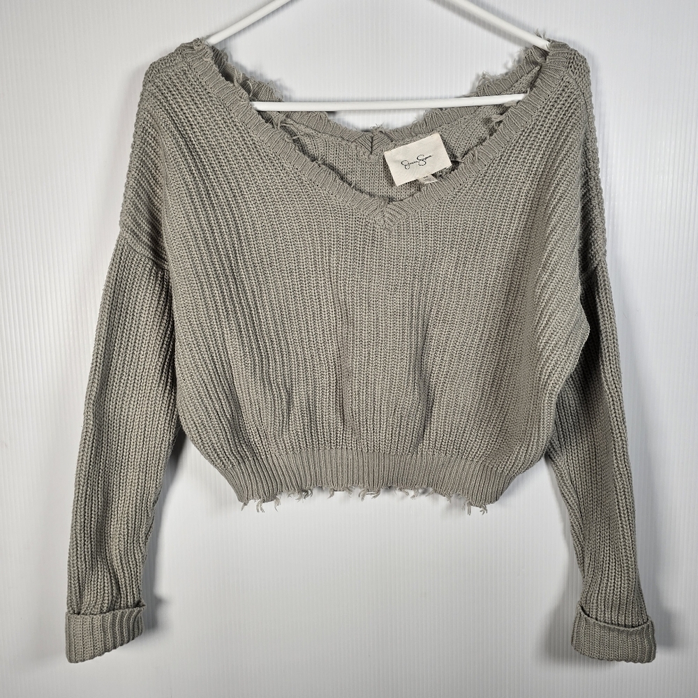 NWOT Jessica Simpson Sage Green  V-Neck Frayed Hem Cropped Knit Sweater Size XS